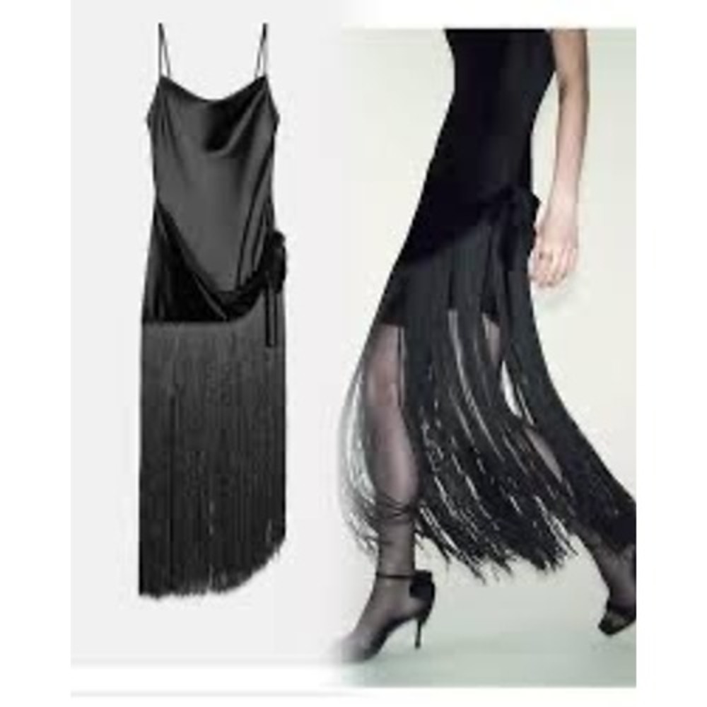 Zara Fringe Slip Dress Womens Medium Black New Festive Days Cowl Neck Velvet - Picture 2 of 11
